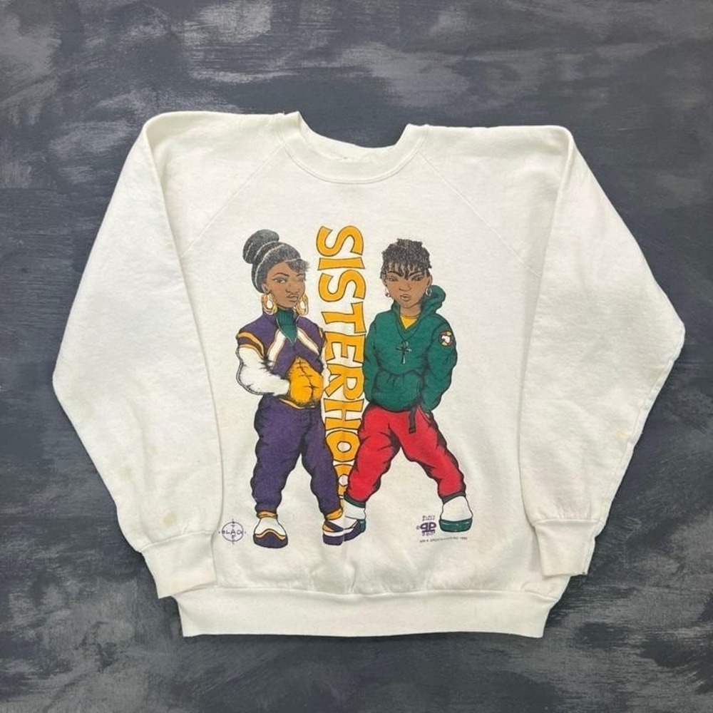 Vintage Black Sisterhood Sweatshirt Mens XL White 1990s